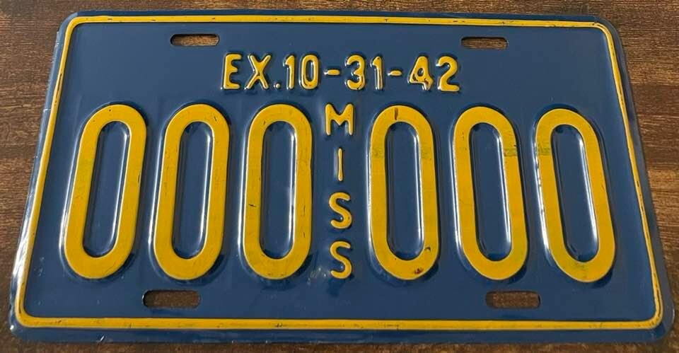 Vintage 1942 Mississippi Sample License Plate 000 000 WWII Year Embossed STEEL Vintage 1942 Mississippi Sample License Plate 000 000 WWII Year Embossed STEEL