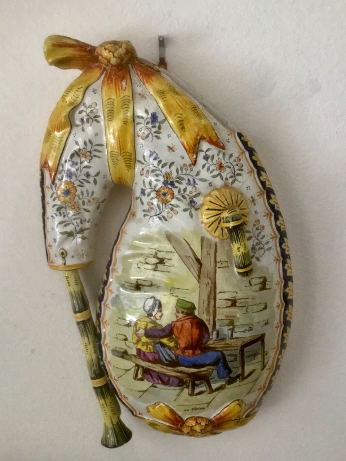 Antique French Faience Hand Painted Bagpipe Flower Wall Vase signed TENIERS