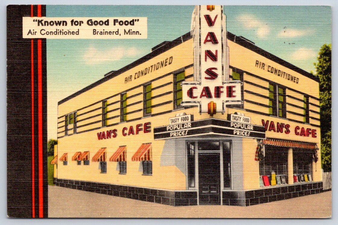 Vintage Minnesota Postcard BRAINERD Vans Cafe Diner 1940s