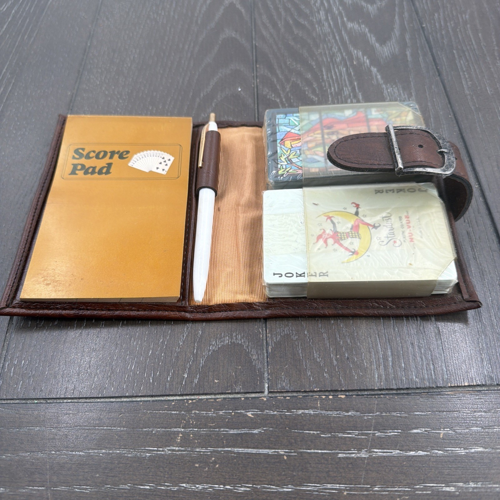 NOS Vintage Rolf’s 70s Playing Cards, Pencil, Score Pad & Leather Wallet Case