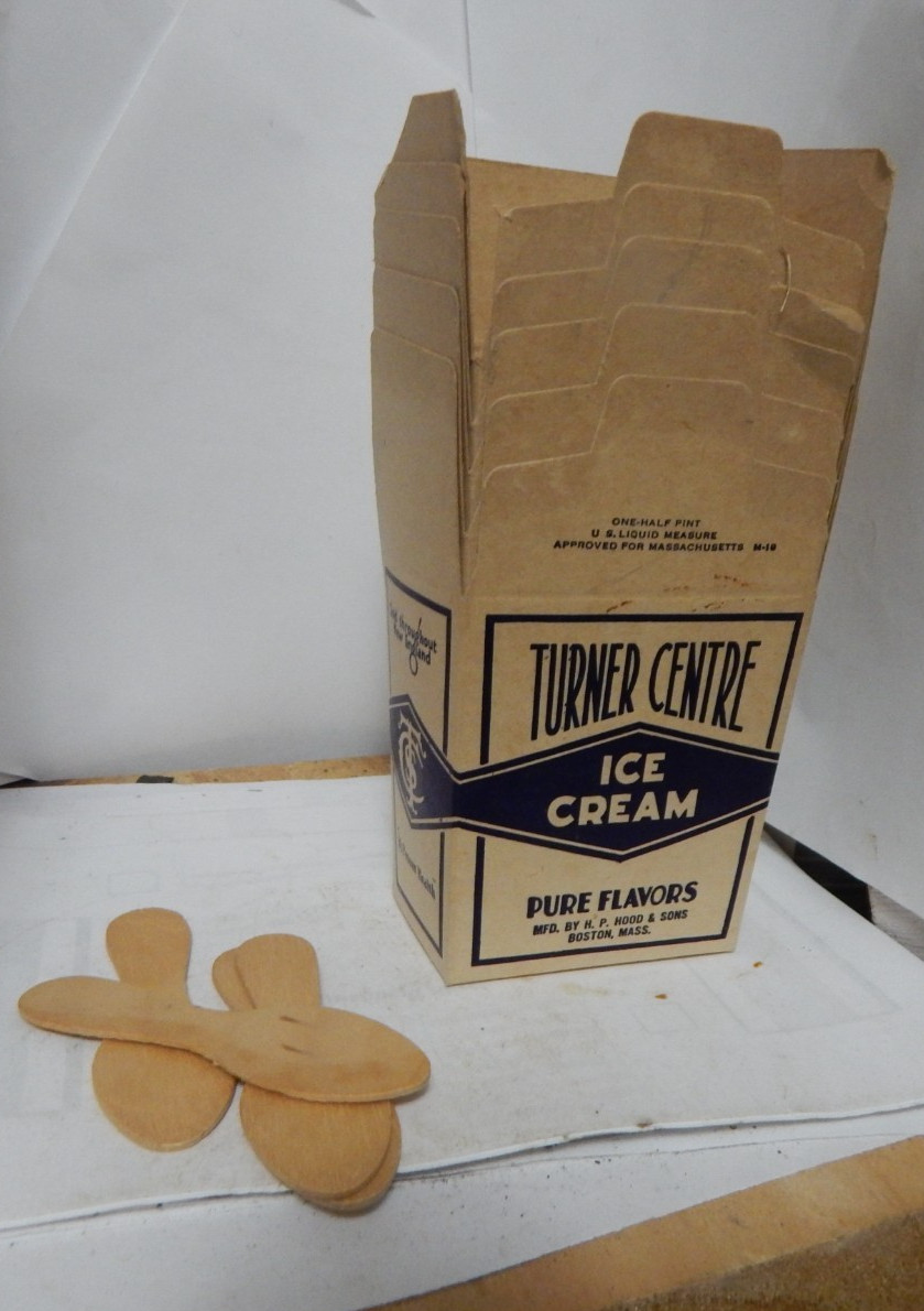 vintage 5-1/2 pint ice cream cartons, wood spoons --Turner Centre ice Cream