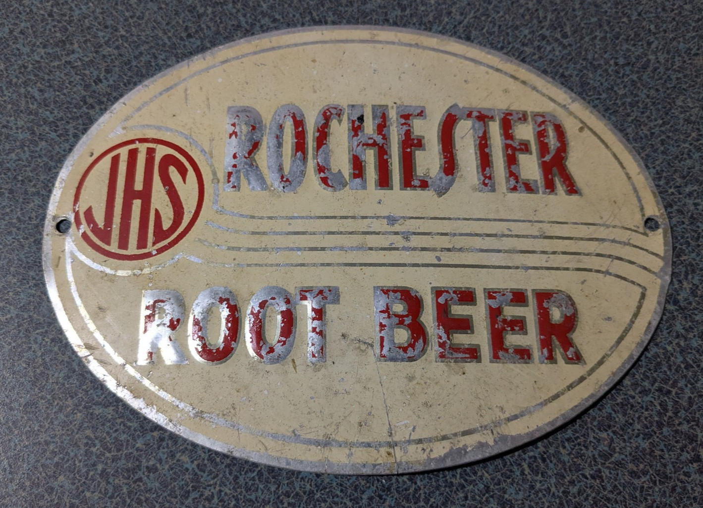 Vintage Metal Rochester Root Beer JHS Advertising Sign Plaque Topper RARE Vintage Metal Rochester Root Beer JHS Advertising Sign Plaque Topper RARE