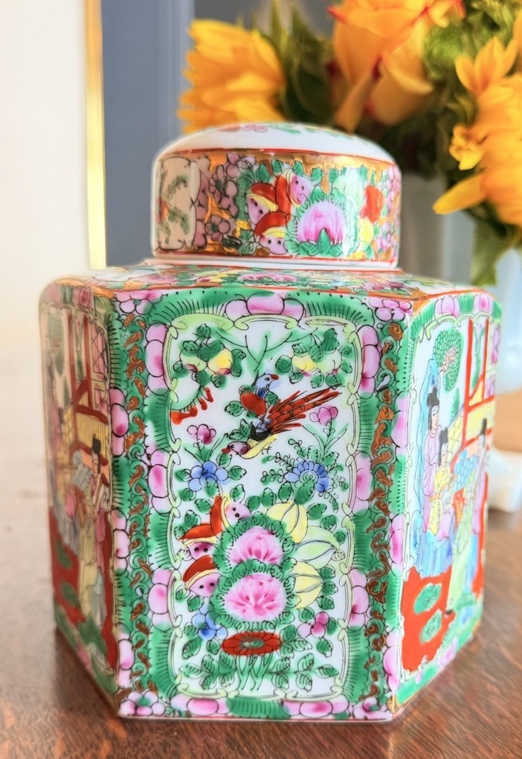 Vintage Chinese Rose Medallion Hexagon Ginger Jar 