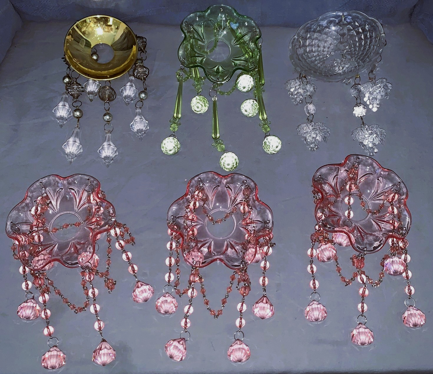 Great Group 6 Vintage Acrylic Bobeche with Prisms Pink Green Clear Great Group 6 Vintage Acrylic Bobeche with Prisms Pink Green Clear