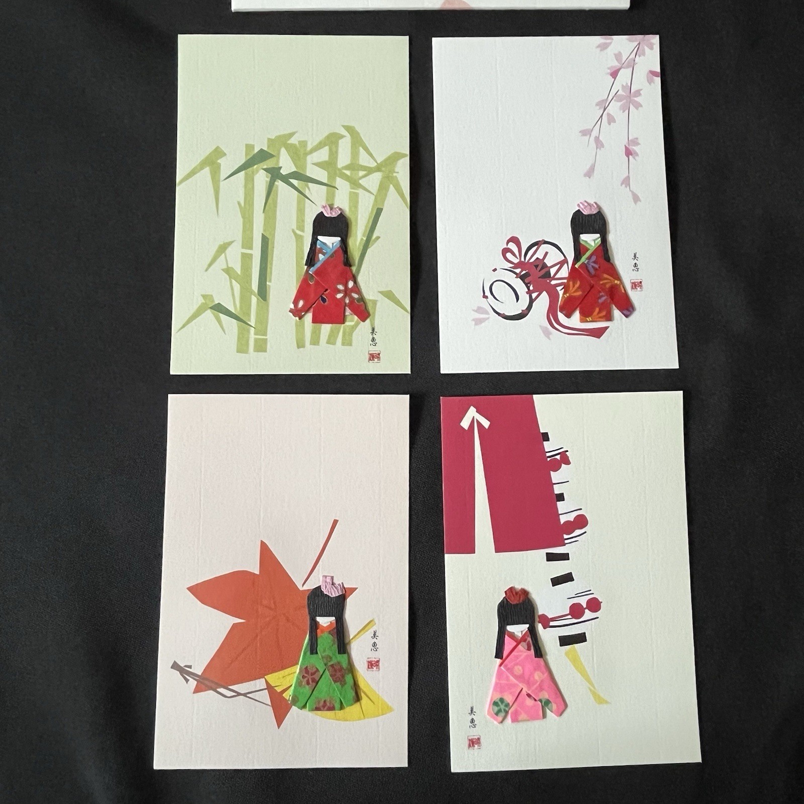 Vintage Kokeshi Doll Postcards The Four Seasons 4”x6” Paper origami Art 