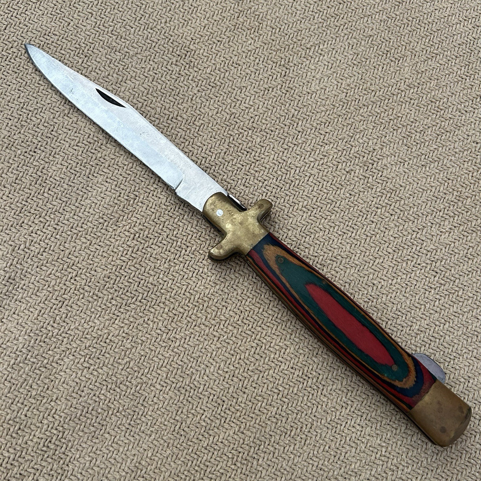 Vintage Bronze And Rainbow Wood Pakistan Made Folding Knife Bee Motif 11”