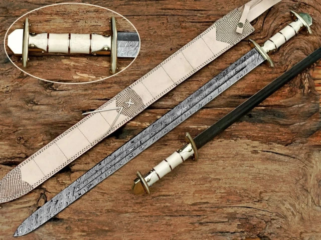 Beautiful Handmade Damascus Steel Medieval Viking Sword With Leather Sheath