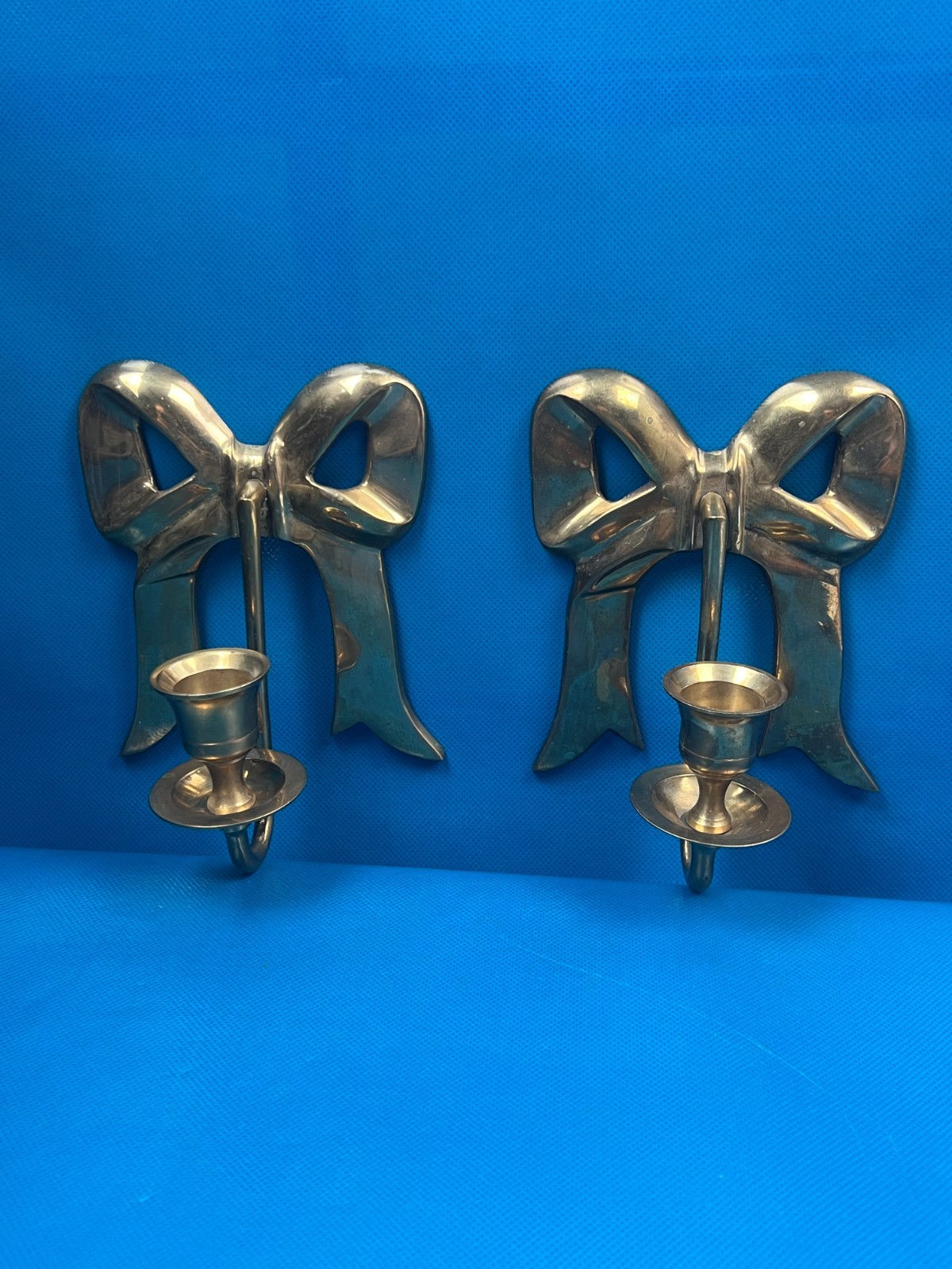 Vintage Pair of Brass Bow Candle Sconces Holders Gold 