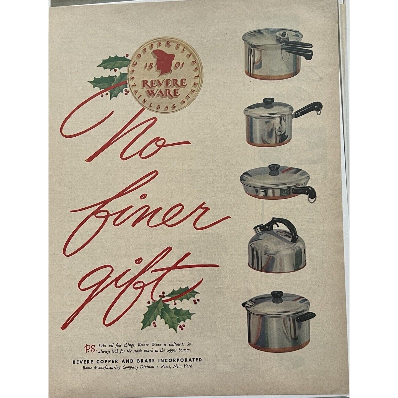 Vtg 1950s Revere Ware Copper Clad Cookware Print Ad Rome NY MCM Kitchen Pans