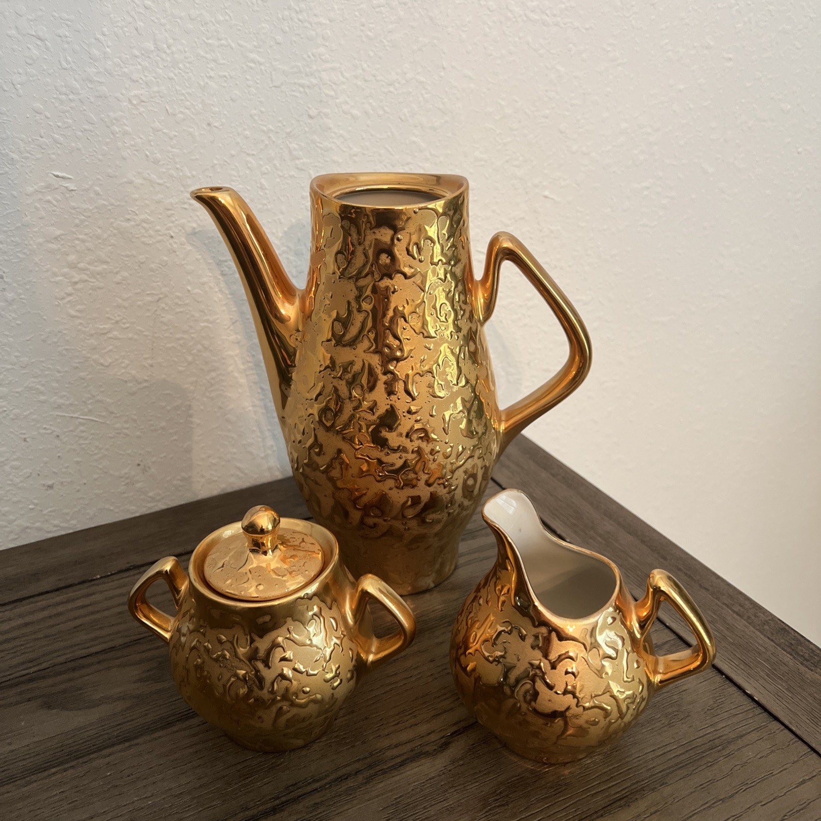 Vintage Kingwood Ceramics 22K Weeping Gold Coffee Set Creamer Sugar Ohio USA