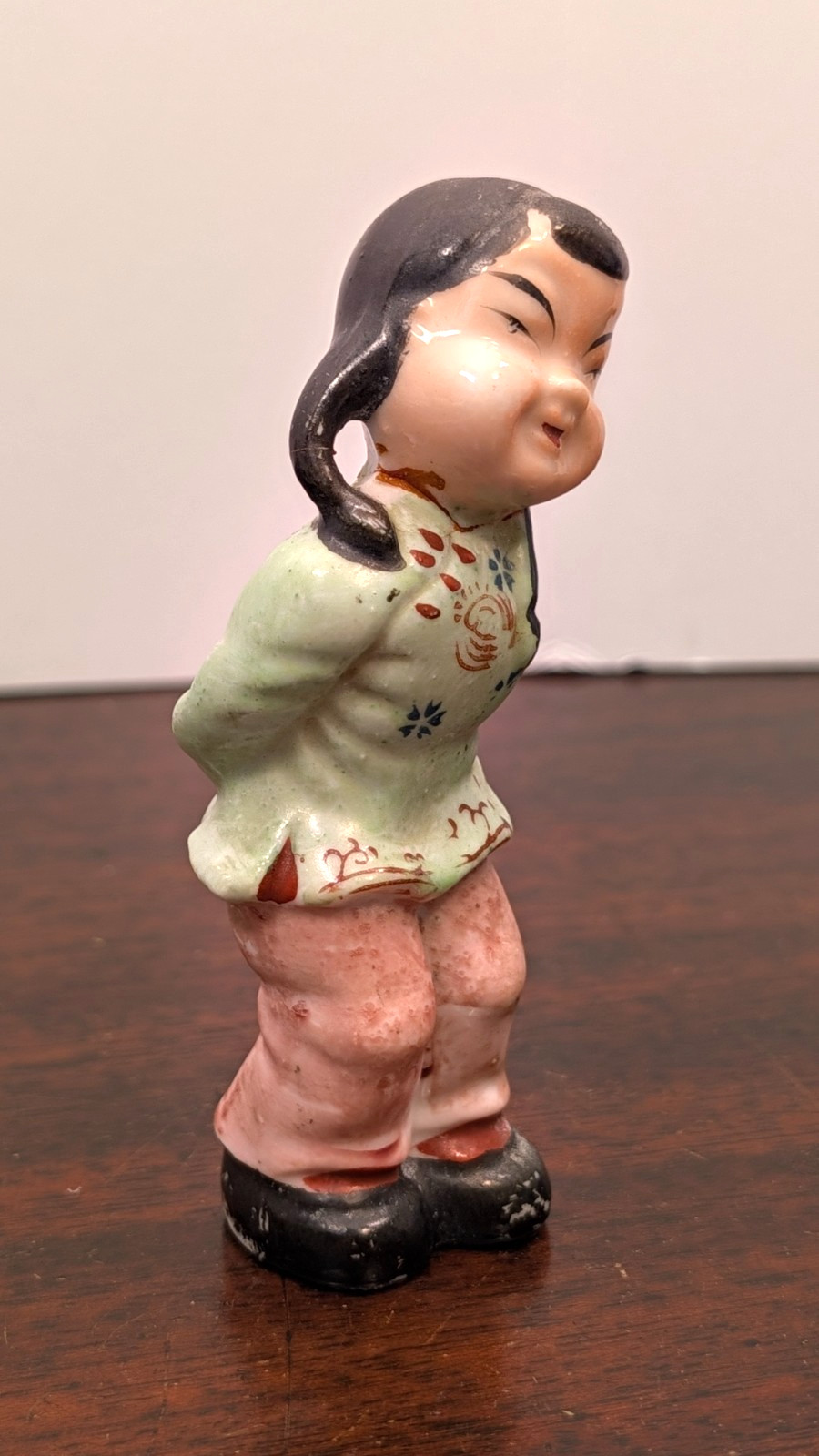 Vintage 1950s Japan Ceramic Girl Figurine Mid Century Kitsch Pigtails 4.5