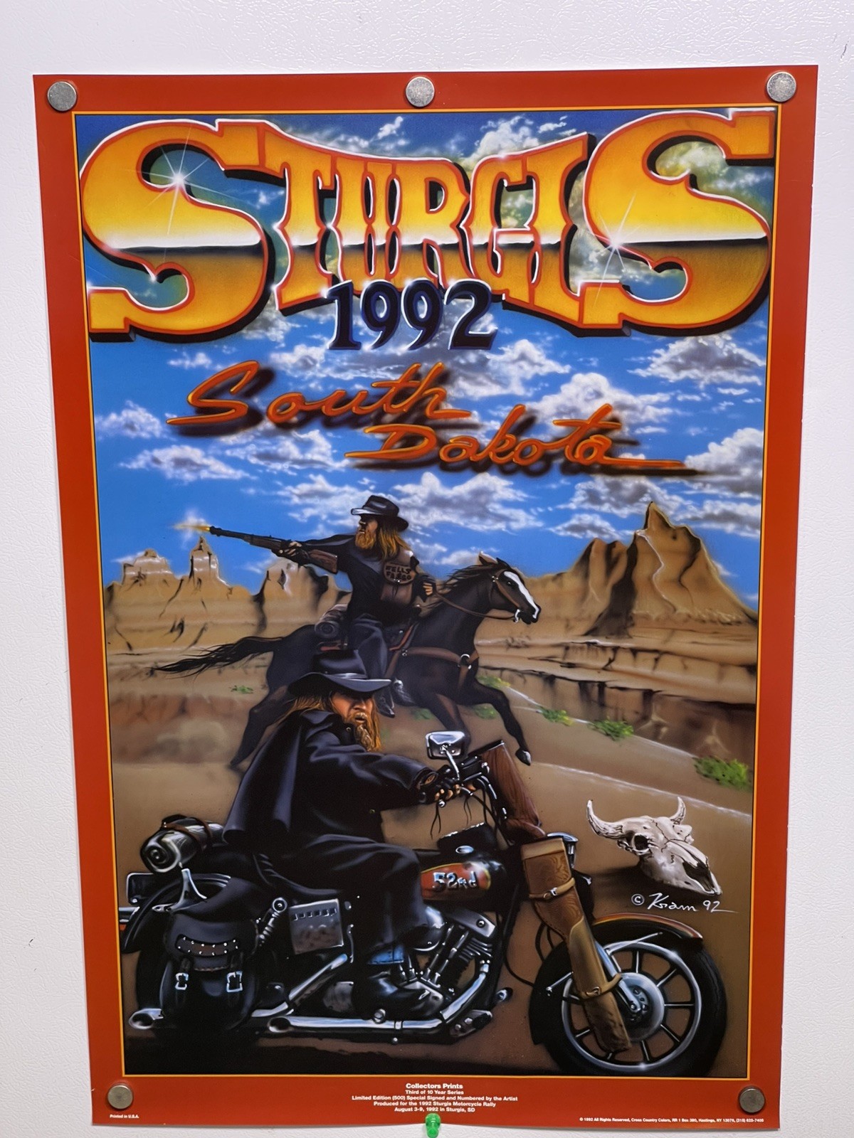Vintage 1992 Sturgis Rally Poster Badlands Indian Harley Davidson Motorcycle