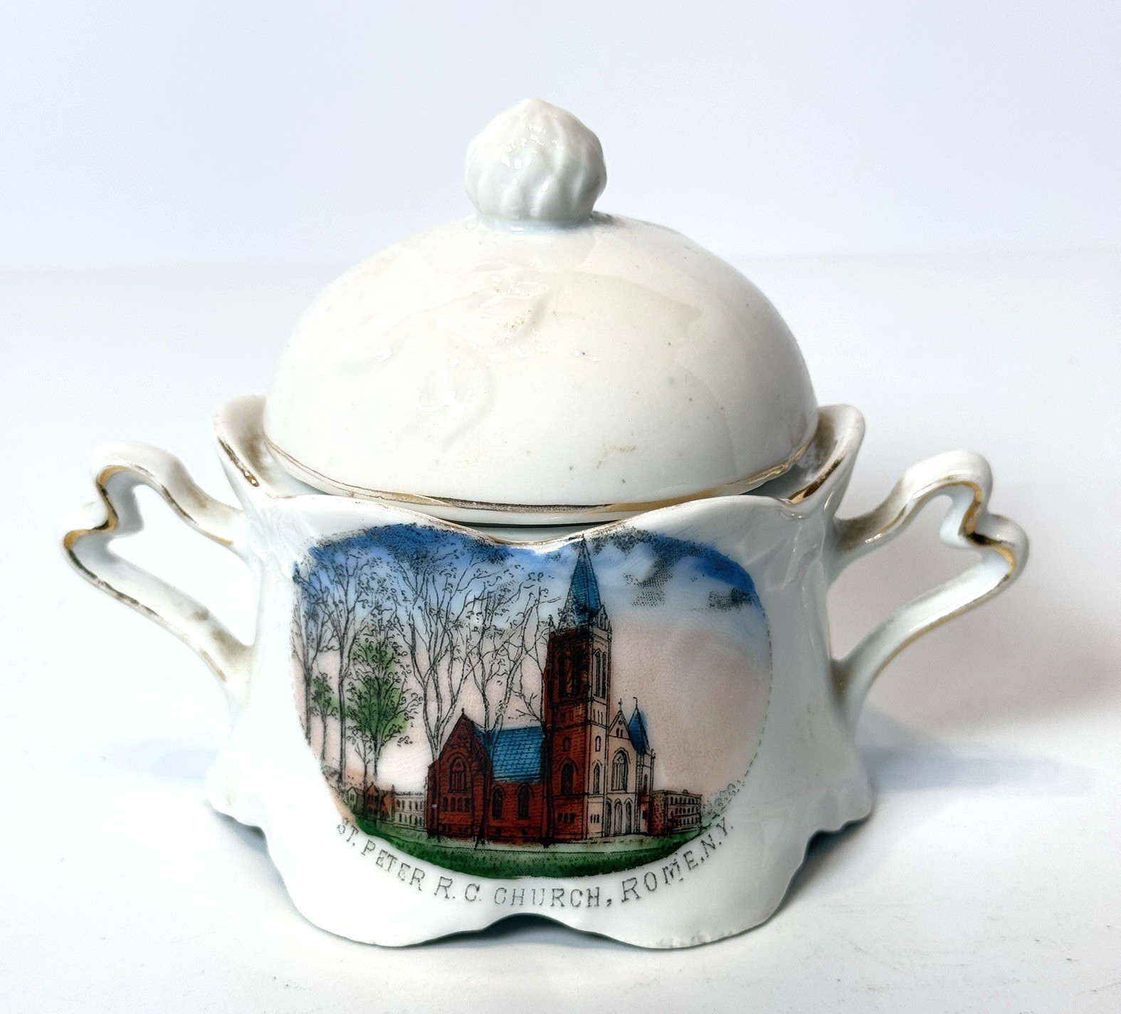 ROME NY NEW YORK Souvenir Porcelain ST PETER CHURCH Trinket JAR ANTIQUE ROME NY NEW YORK Souvenir Porcelain ST PETER CHURCH Trinket JAR ANTIQUE