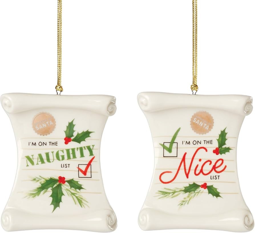 Lenox China NAUGHTY & NICE Christmas Ornaments - Set of Two N/O