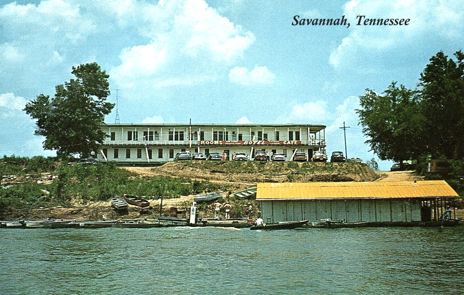 Savannah Tennessee ~ Botel Lodging Cafe, Boats, Gas Pumps ~ Postcard COPY #83276 Savannah Tennessee ~ Botel Lodging Cafe, Boats, Gas Pumps ~ Postcard COPY #83276