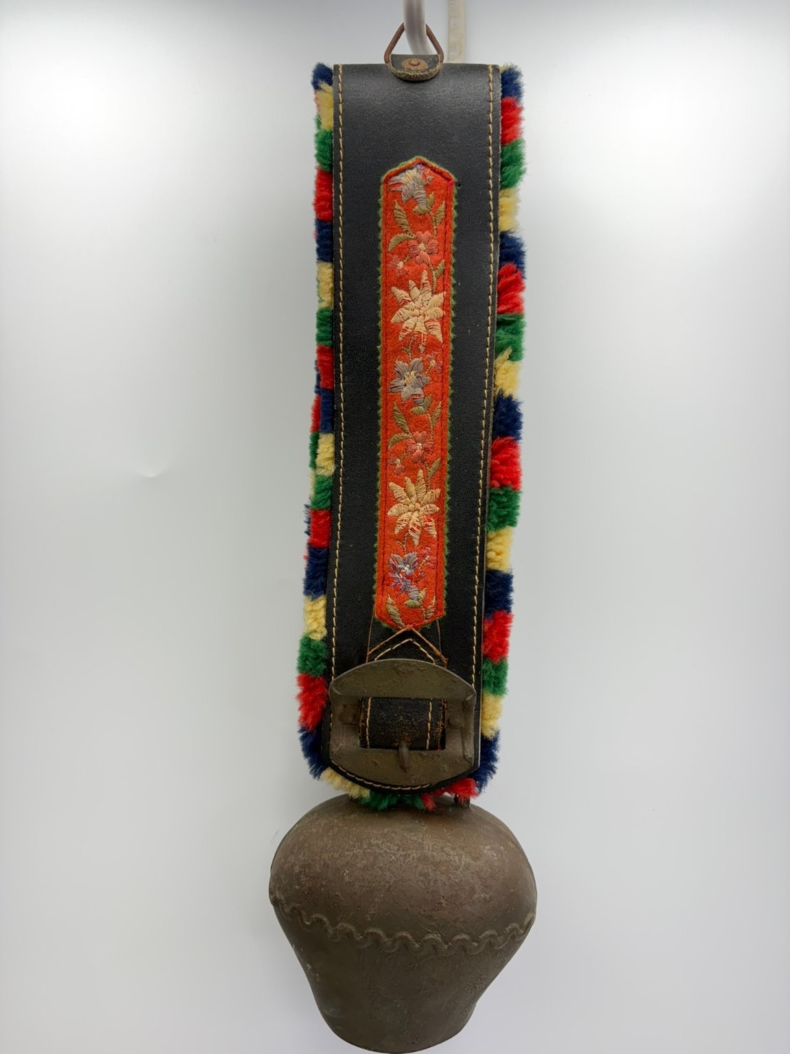 Vintage Austrian Cow Bell Folk Art Embroidered Leather Strap Bronze Alpine Decor Vintage Austrian Cow Bell Folk Art Embroidered Leather Strap Bronze Alpine Decor