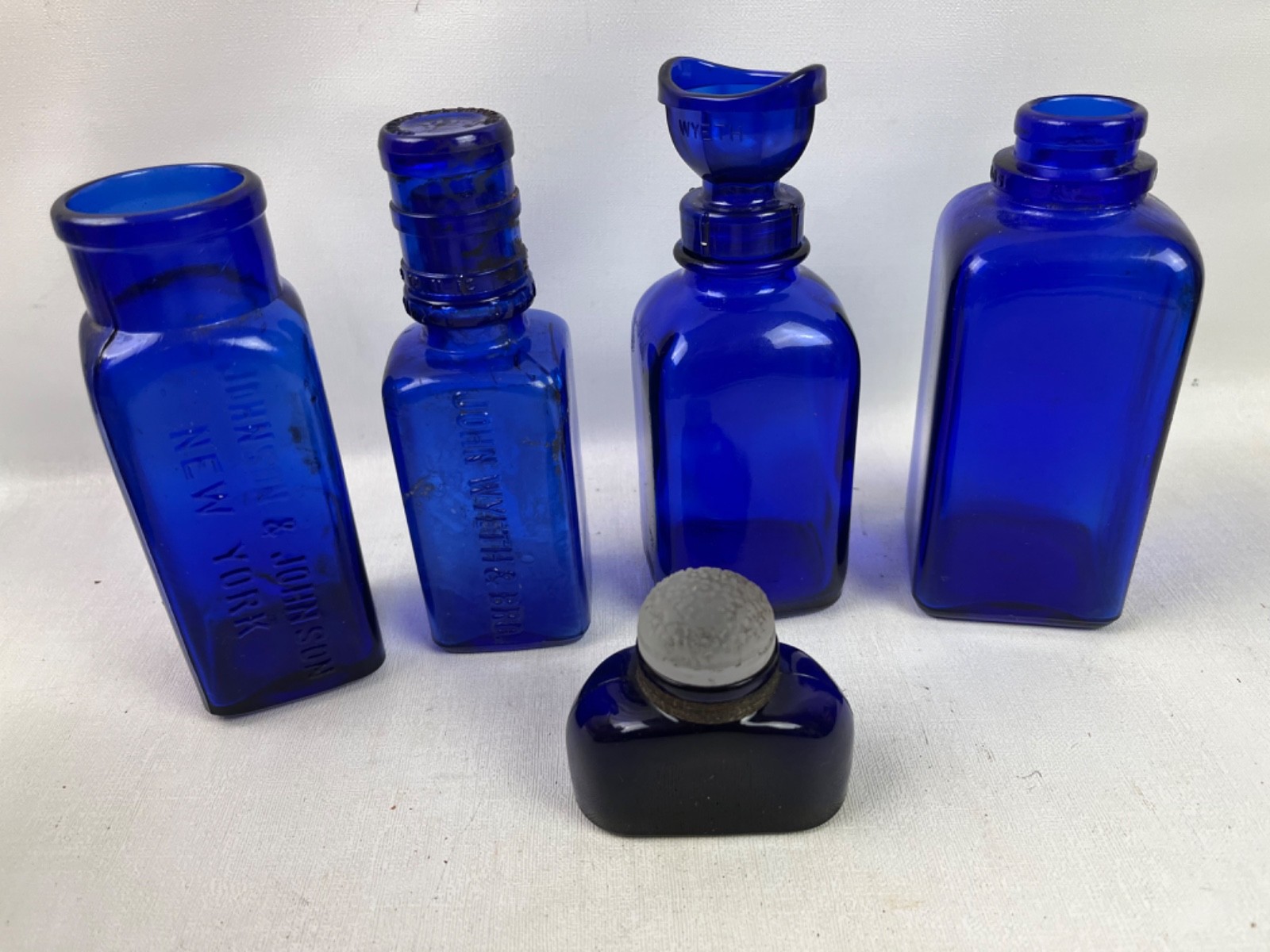Vintage Cobalt Blue Glass (2) Embossed Medicine/Pharmacy Bottles Lot of 5