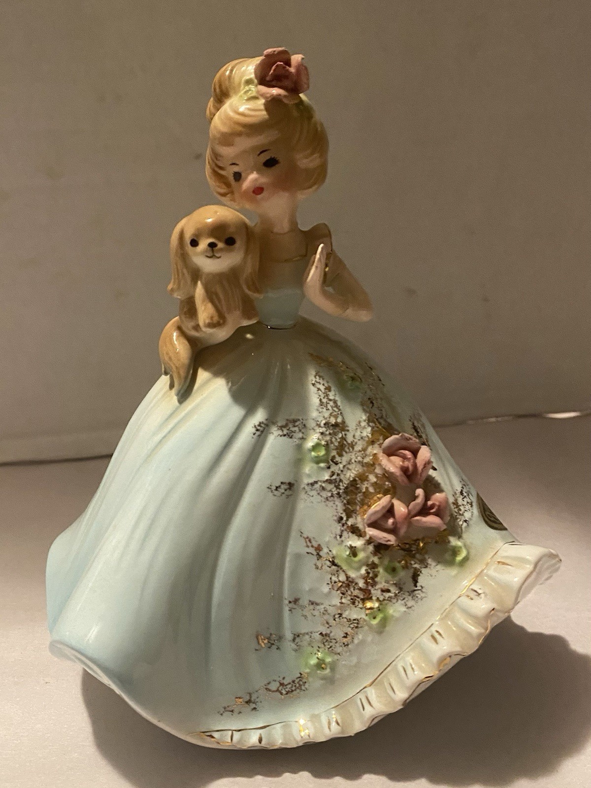 Vintage Josef Originals Girl In Aqua Dress Holding A Dog REPAIRED DAMAGE Vintage Josef Originals Girl In Aqua Dress Holding A Dog REPAIRED DAMAGE