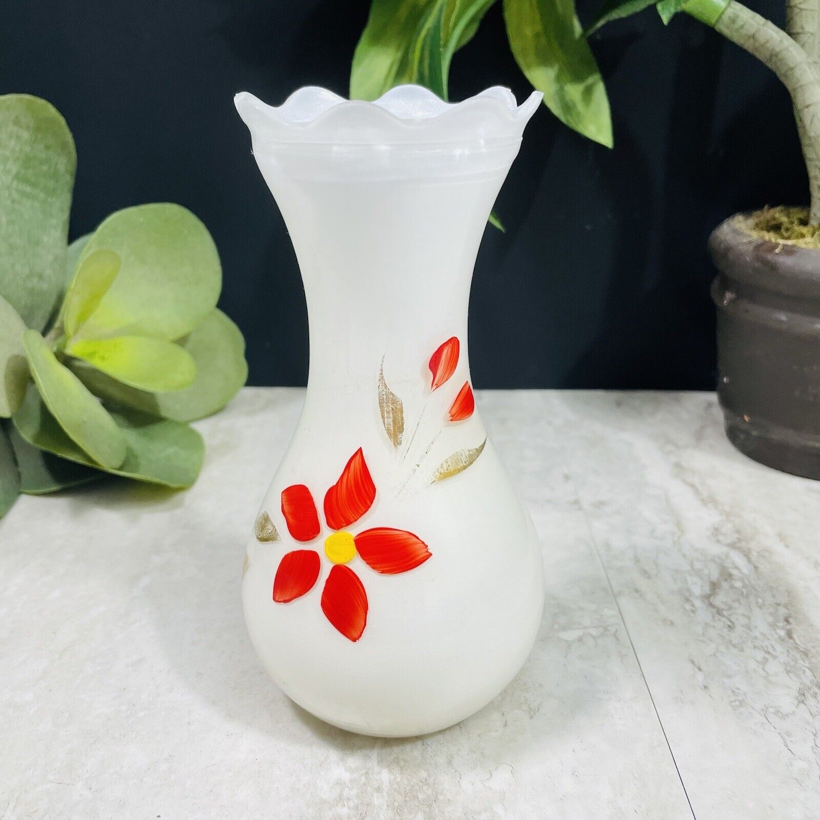 Vintage Bartlett Collins Vase White Glass Hand Painted Red Gold Flowers