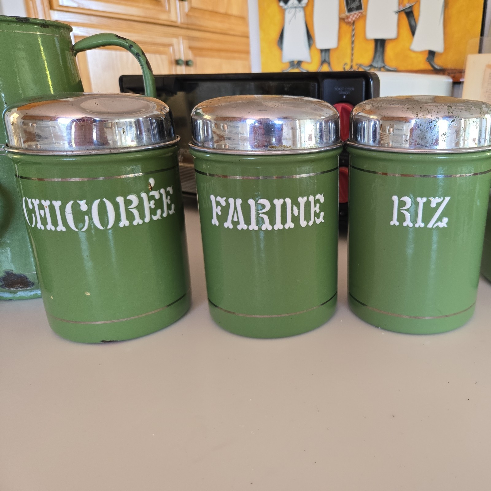 Vintage Green French Enamel Canister Set & Casserole Pot & Pitcher & Creamer