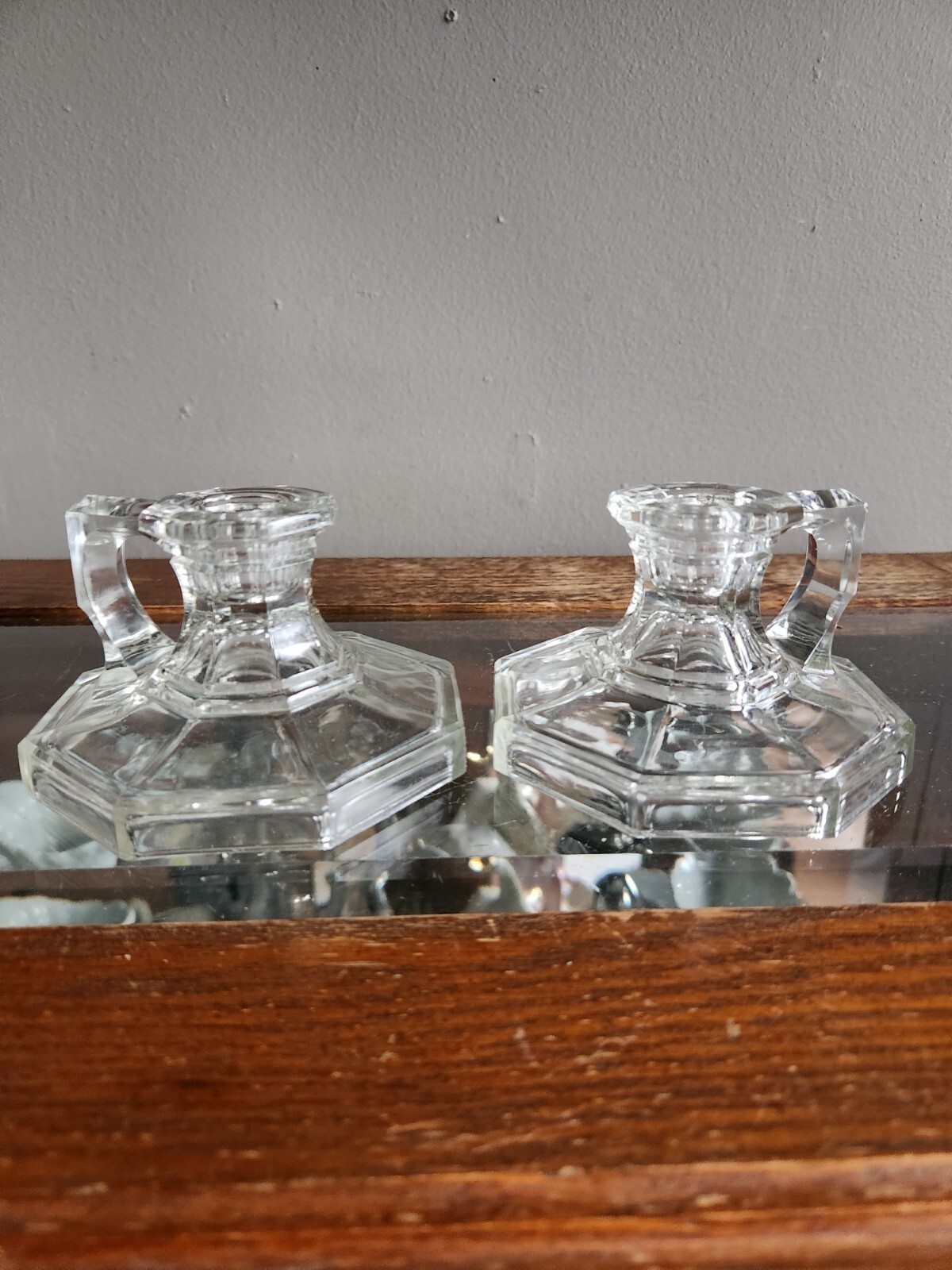 Cut Clear Glass Candlestick Holders Octagon Base • Handles • 4¼\