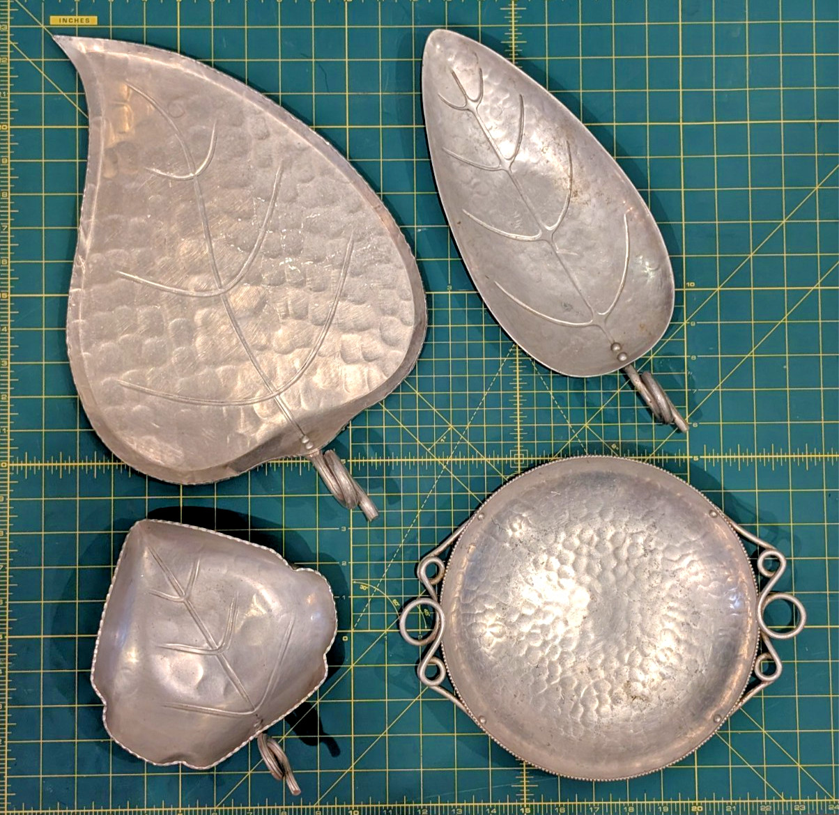 VINTAGE B.W. BUENILUM HAMMERED ALUMINUM 4 PC LOT LEAF DISH BOWL CASTLE LOGO MCM VINTAGE B.W. BUENILUM HAMMERED ALUMINUM 4 PC LOT LEAF DISH BOWL CASTLE LOGO MCM
