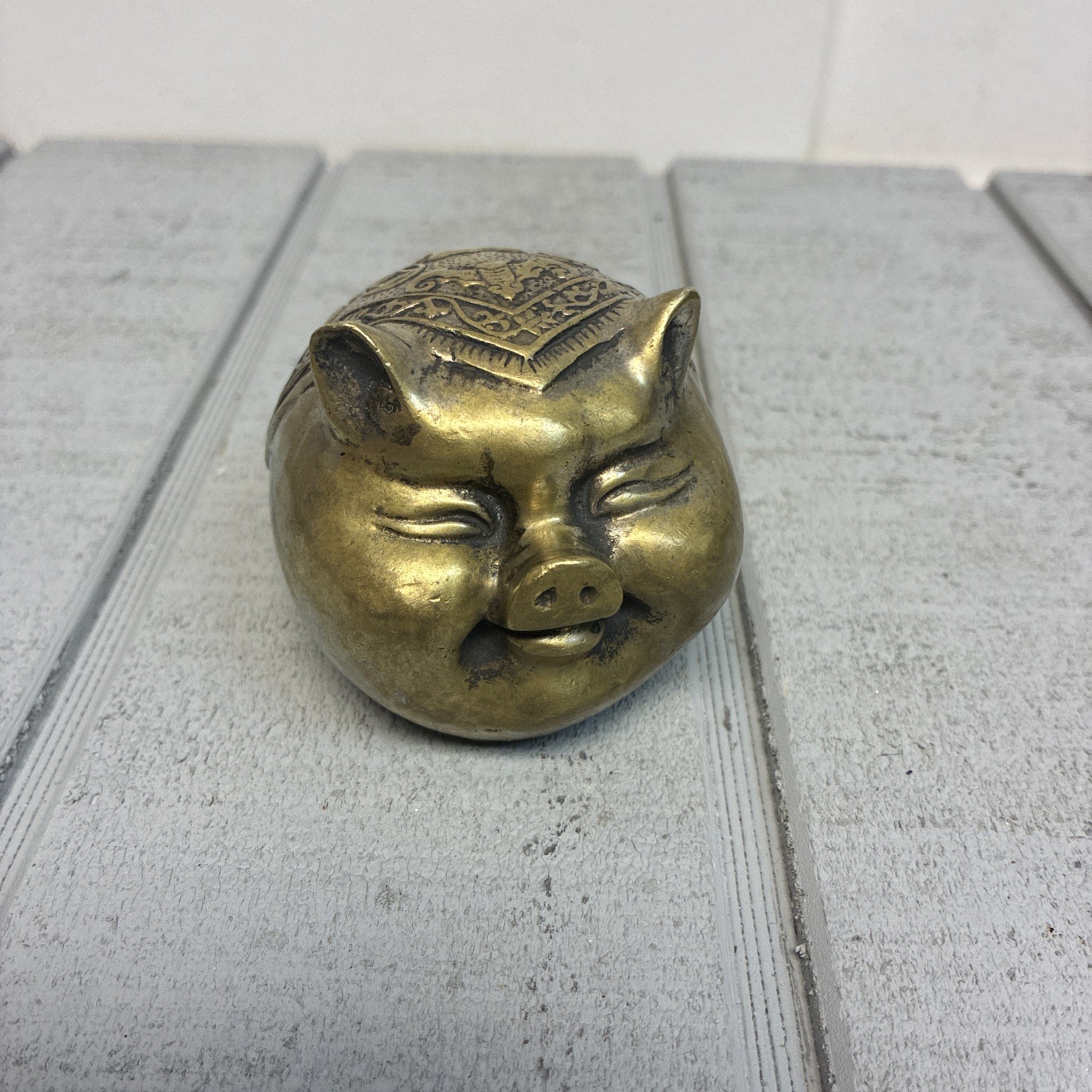 Vintage Aged Solid Brass Fung Shui Wealth Money Pig Boar Chinese Zodiac 3\