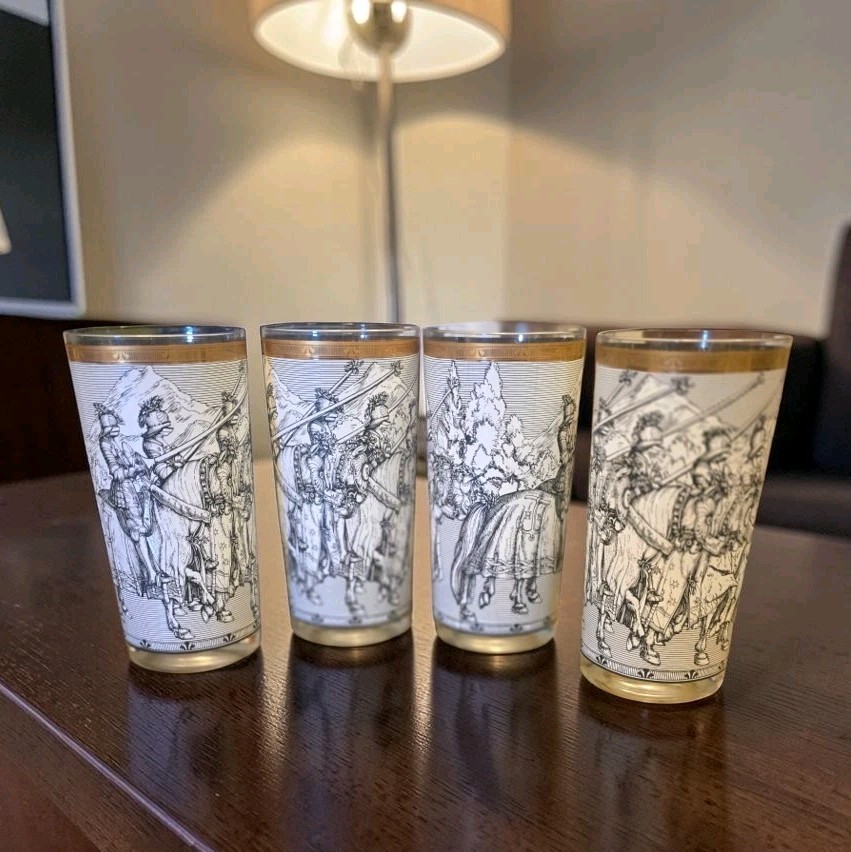 4 Vtg Cera Medieval Knights Highball Glasses 22K Gold Camelot Renaissance MCM 4 Vtg Cera Medieval Knights Highball Glasses 22K Gold Camelot Renaissance MCM