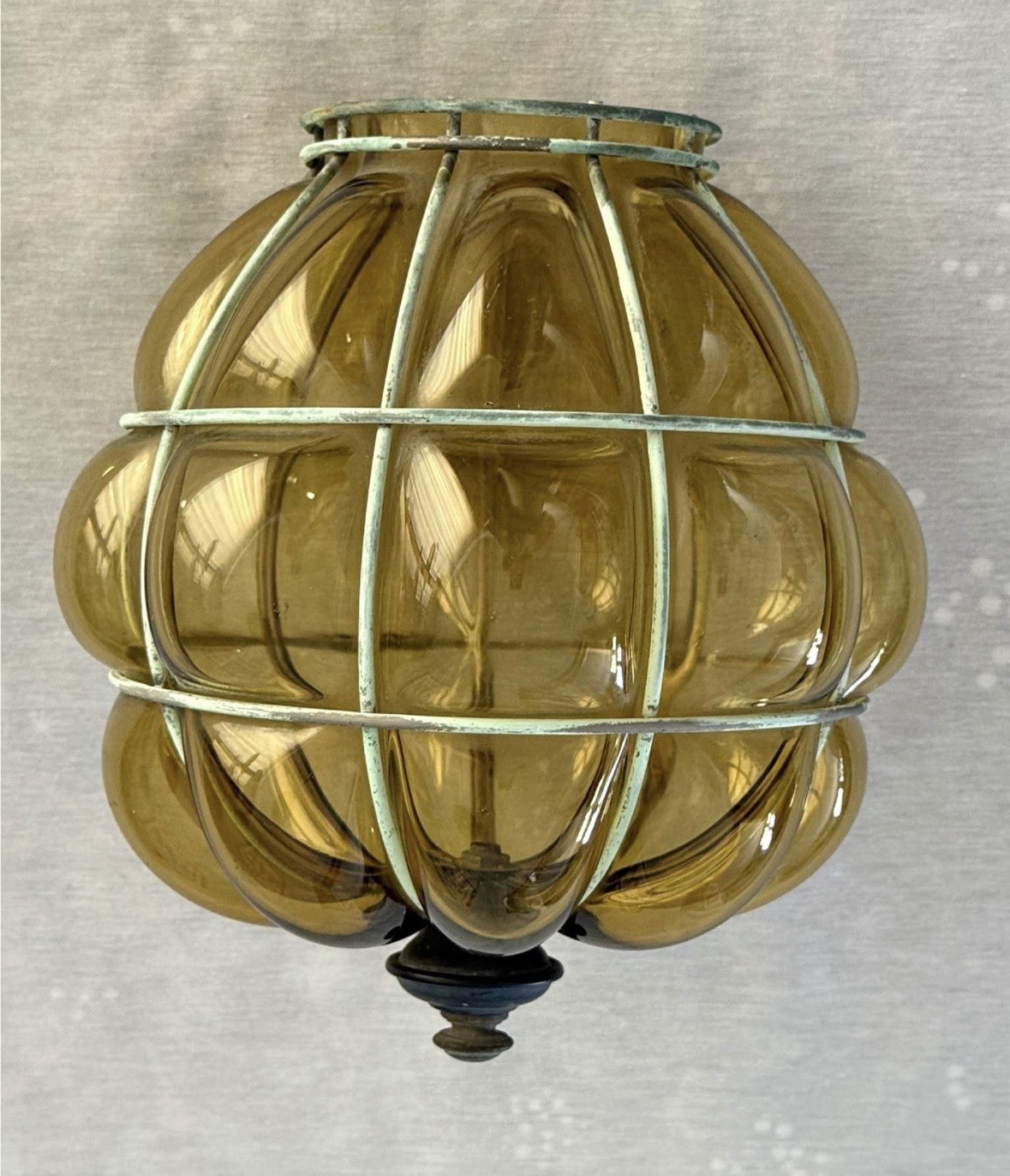 Vintage MCM Brass Caged Glass Globe Green Hughes Blown Lamp Shade 7.5” Tall