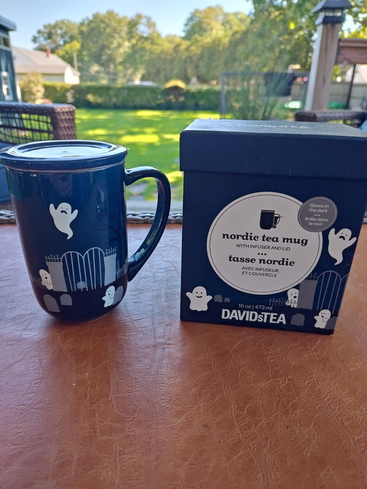 NEW David’s Tea Halloween Ghost Graveyard Glow in the Dark Navy Nordic Mug 16oz