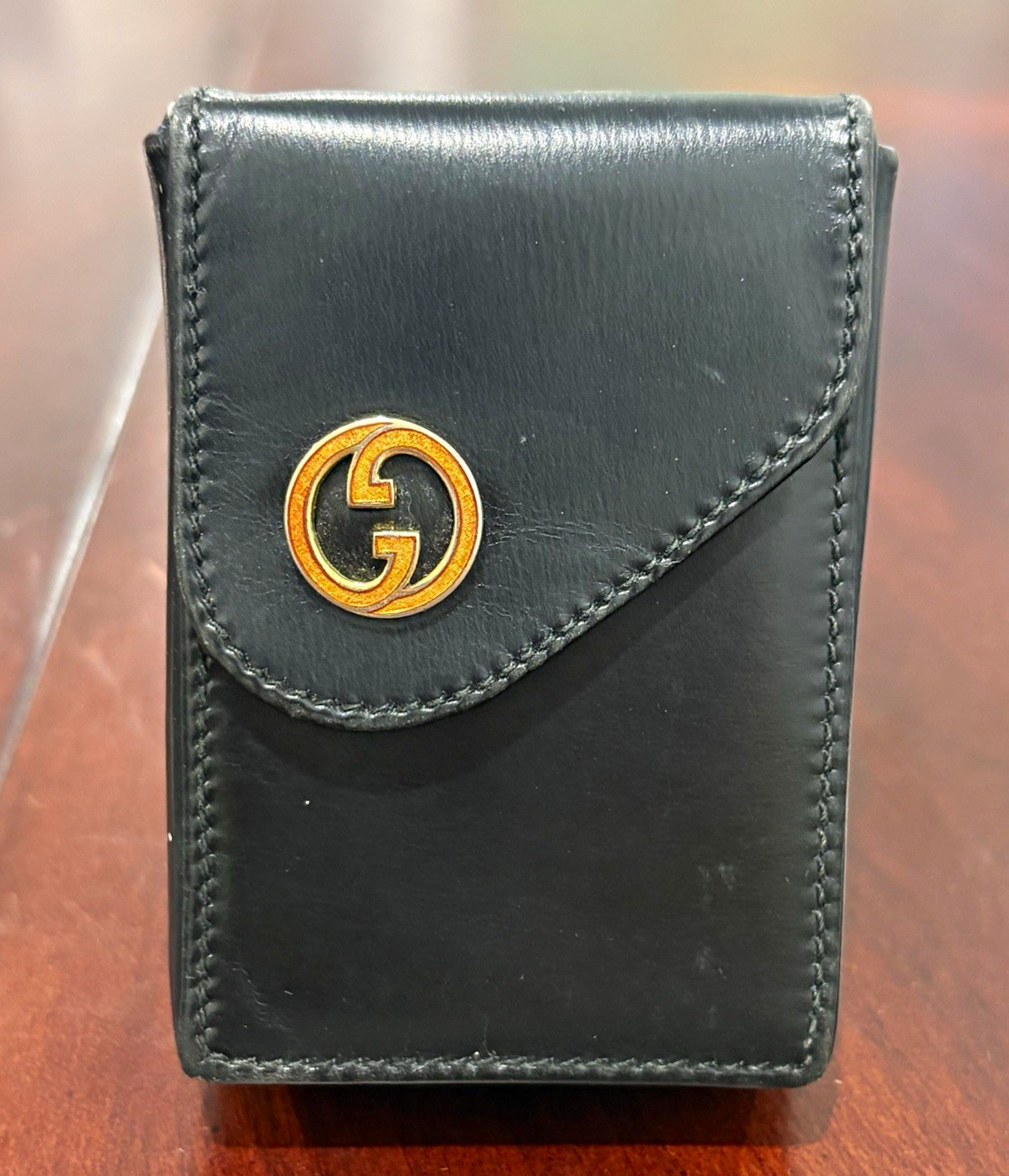 Authentic Vintage Gucci Black Leather Cigarette Case with Tortoiseshell GG Logo