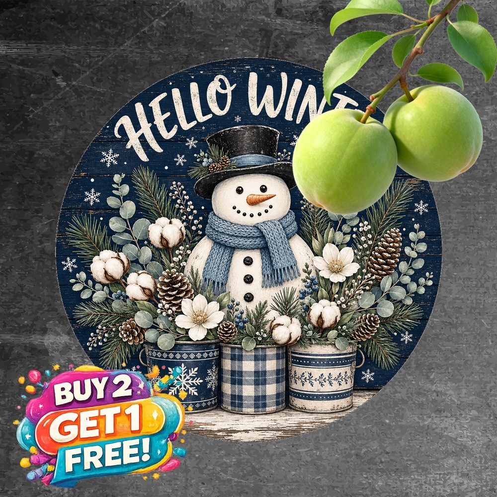 Winter Welcome Snowman Pine Wreath Metal Sign Vintage Festive Decor Tin Plaque