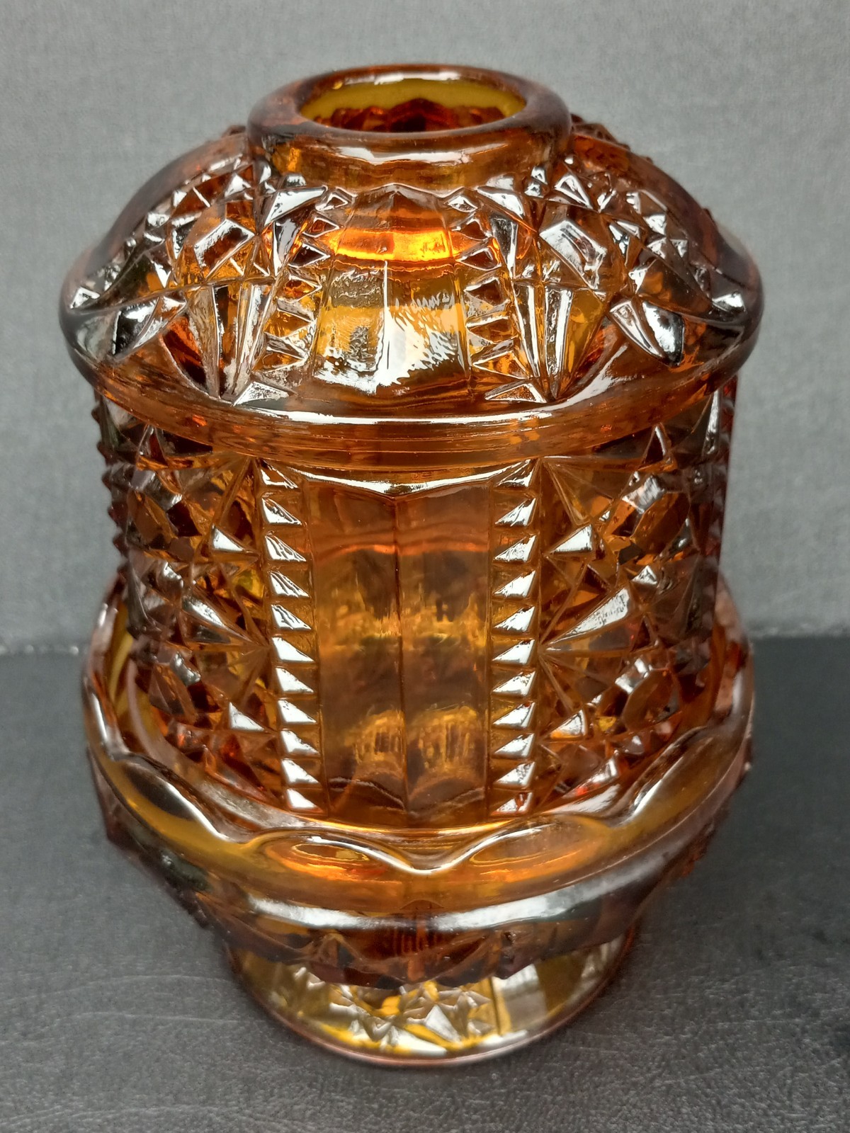 Vintage Indiana Glass 6.5” Amber Stars & Bars Fairy Lamp candle holder
