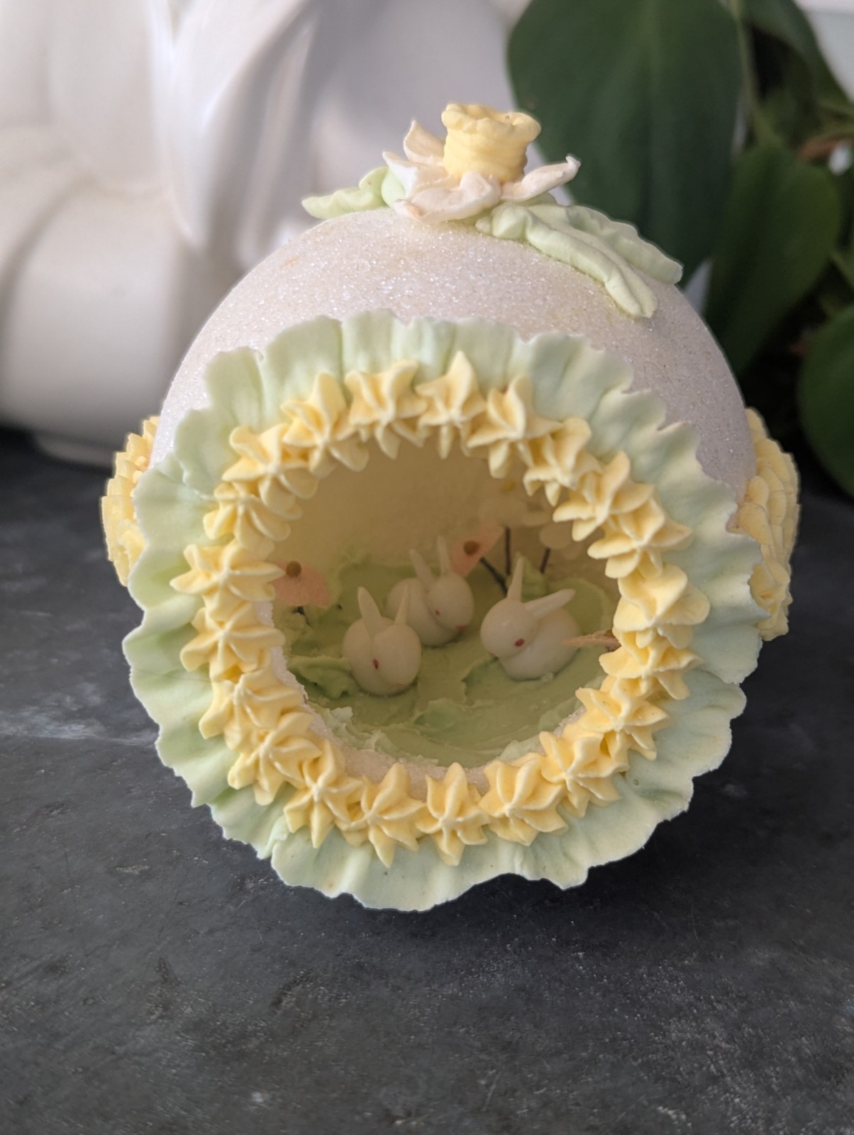 Vintage Easter Sugar Egg Diorama Bunny Rabbit Flowers MCM Holiday Kitschy Easter