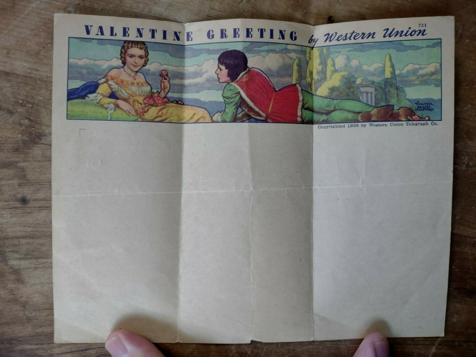 1936 Western Union Valentine Greeting Telegram Blank / Walter Beach Humphrey