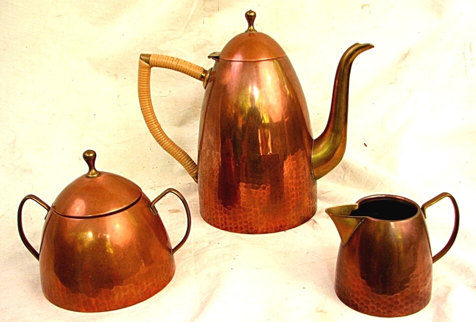 MCM TEA SET O.H. LAGERSTEDT SWEDISH HAMMERED COPPER & BRASS c.1950
