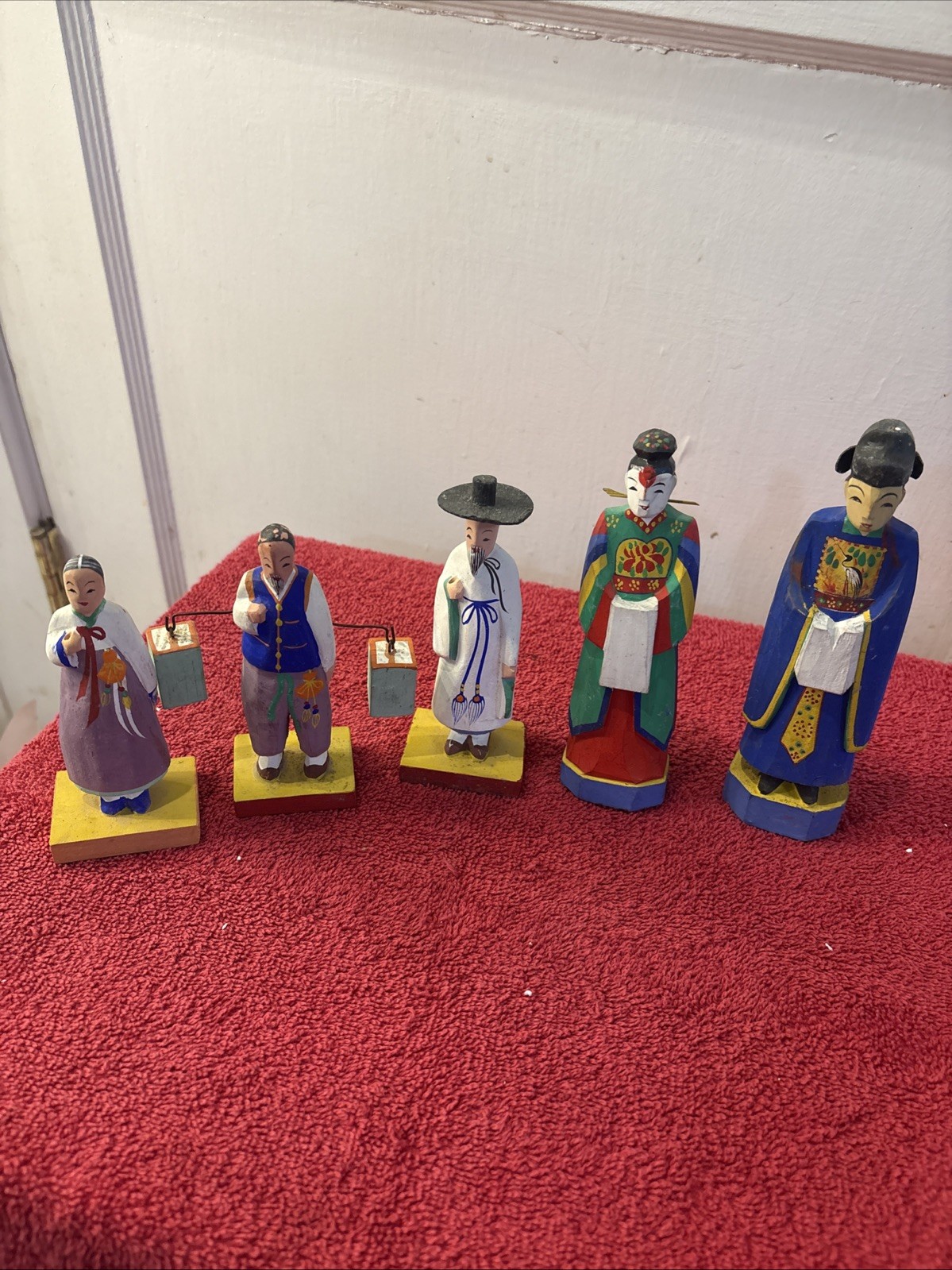 5 Vintage Hand Carved & Painted Wooden Korean Figures, 5” -7” Tall 5 Vintage Hand Carved & Painted Wooden Korean Figures, 5” -7” Tall