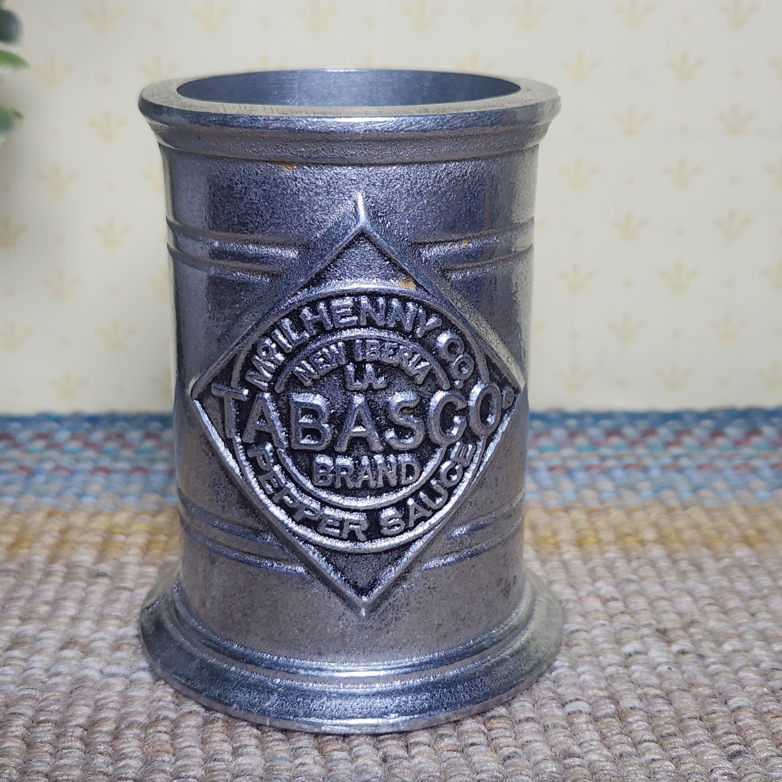 Vintage Tabasco Sauce Logo Pewter 5 oz Bottle Holder Metal Caddy McIlhenny Vintage Tabasco Sauce Logo Pewter 5 oz Bottle Holder Metal Caddy McIlhenny