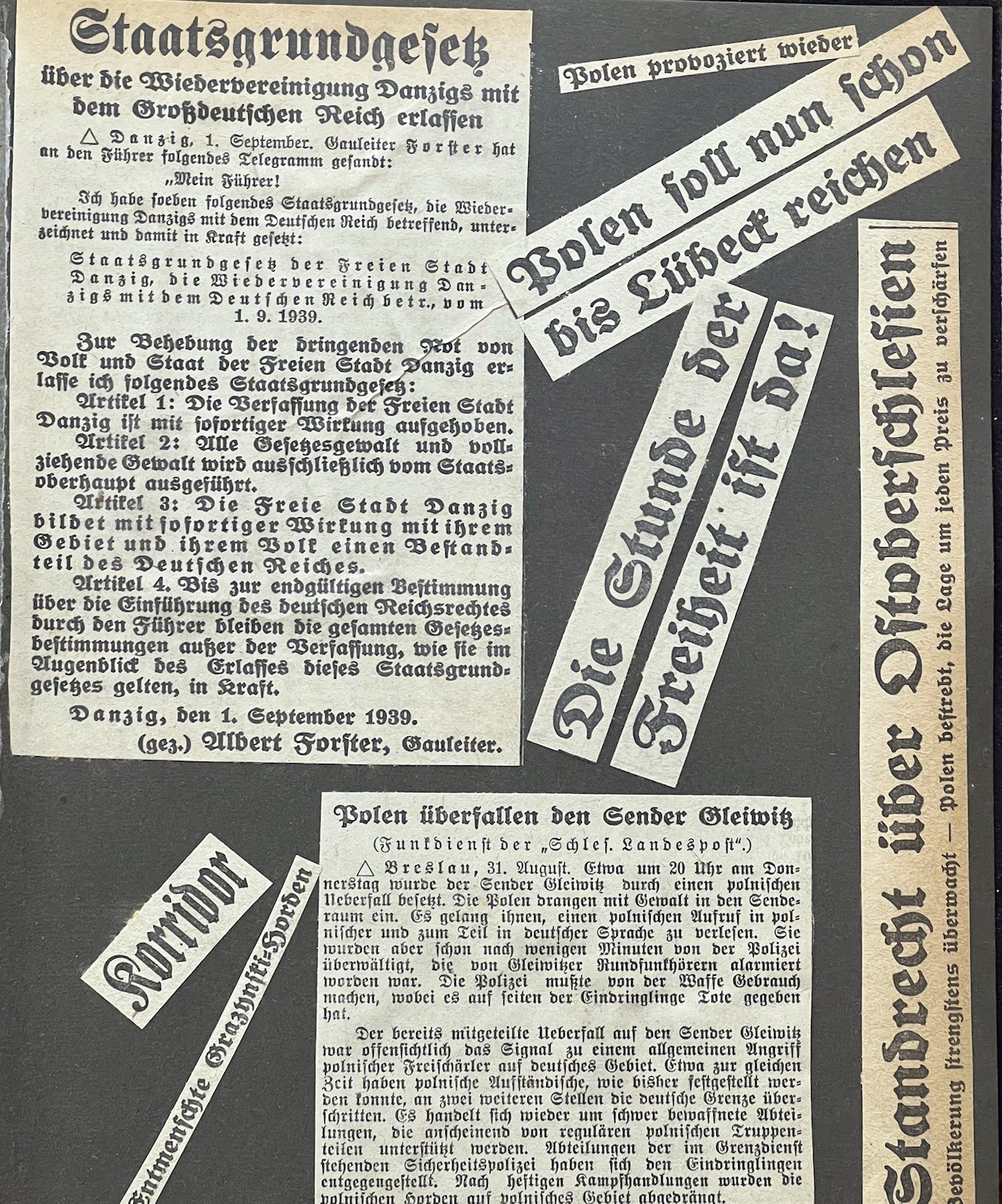 1939 News clipping Staatsgrundgeseẗz detailing reunification Danzig & German