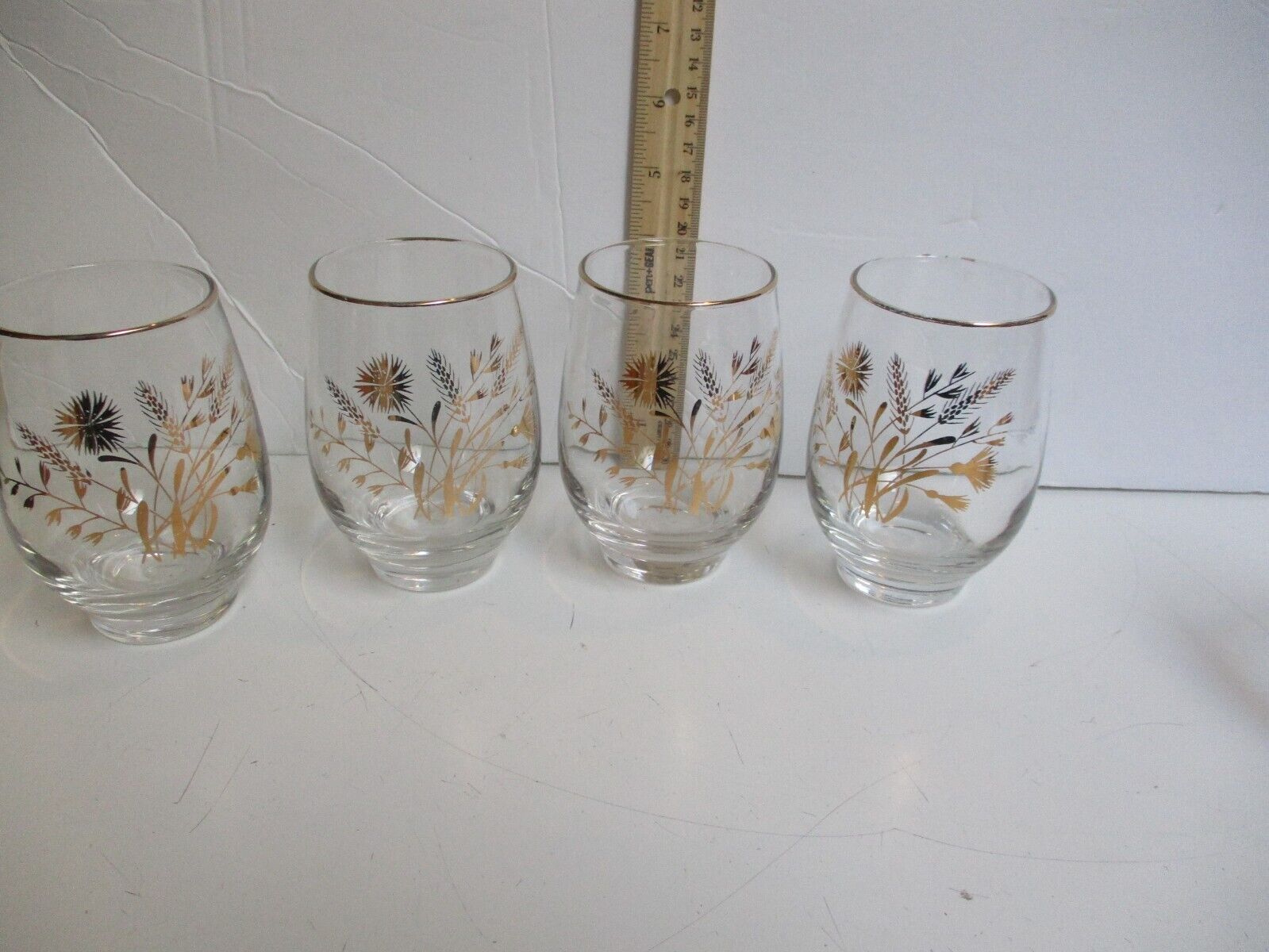 4- VIintage Libbey Glass Gold Floral Tumblers 12 OZ 4.5\