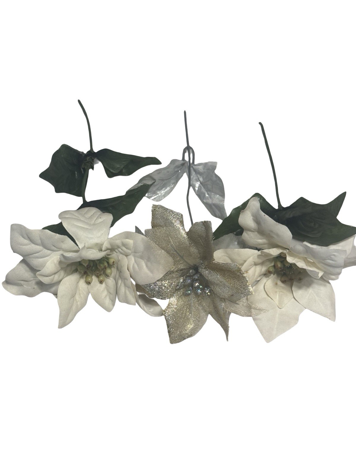 Vintage White Gold Poinsettia Christmas  Ornaments Holiday Rhinestone Lot Of 3