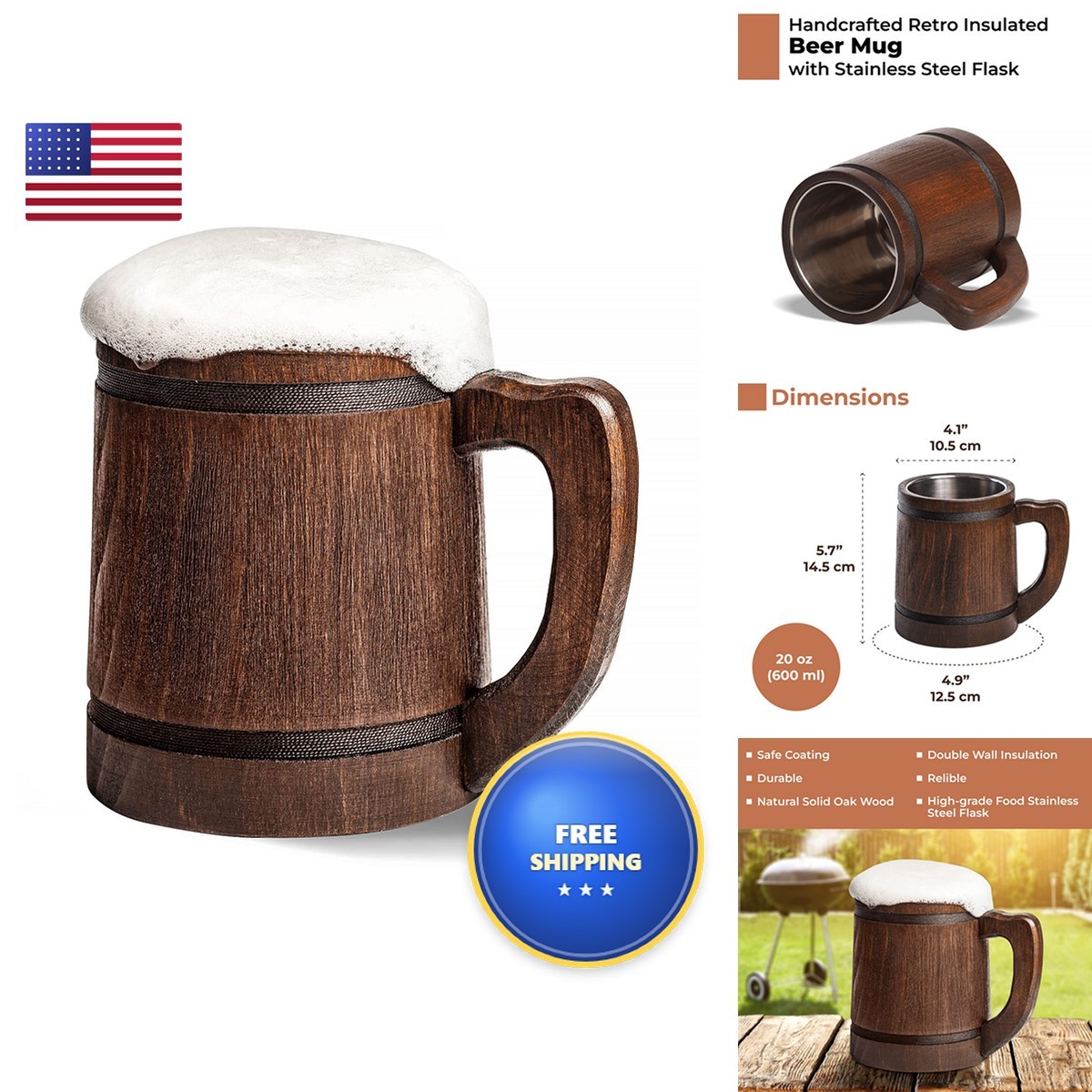 HOZPROM 20 oz Handmade Root Beer Stein Metal Tankard Viking Wood Cup HOZPROM 20 oz Handmade Root Beer Stein Metal Tankard Viking Wood Cup