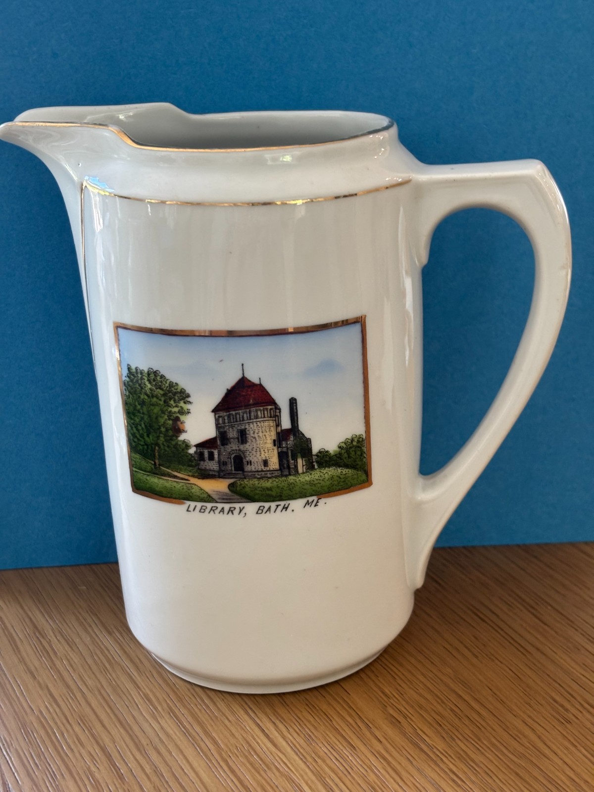 Antique pitcher SOUVENIR CHINA BATH MAINE LIBRARY DAVID T PERCY & SONS STORE