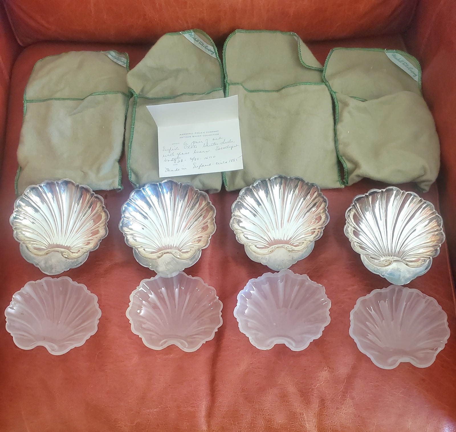 Marshall Fields Silver Plate Shell Butter Dishes w/ Glass Liners, Set of 4 c1885 Marshall Fields Silver Plate Shell Butter Dishes w/ Glass Liners, Set of 4 c1885