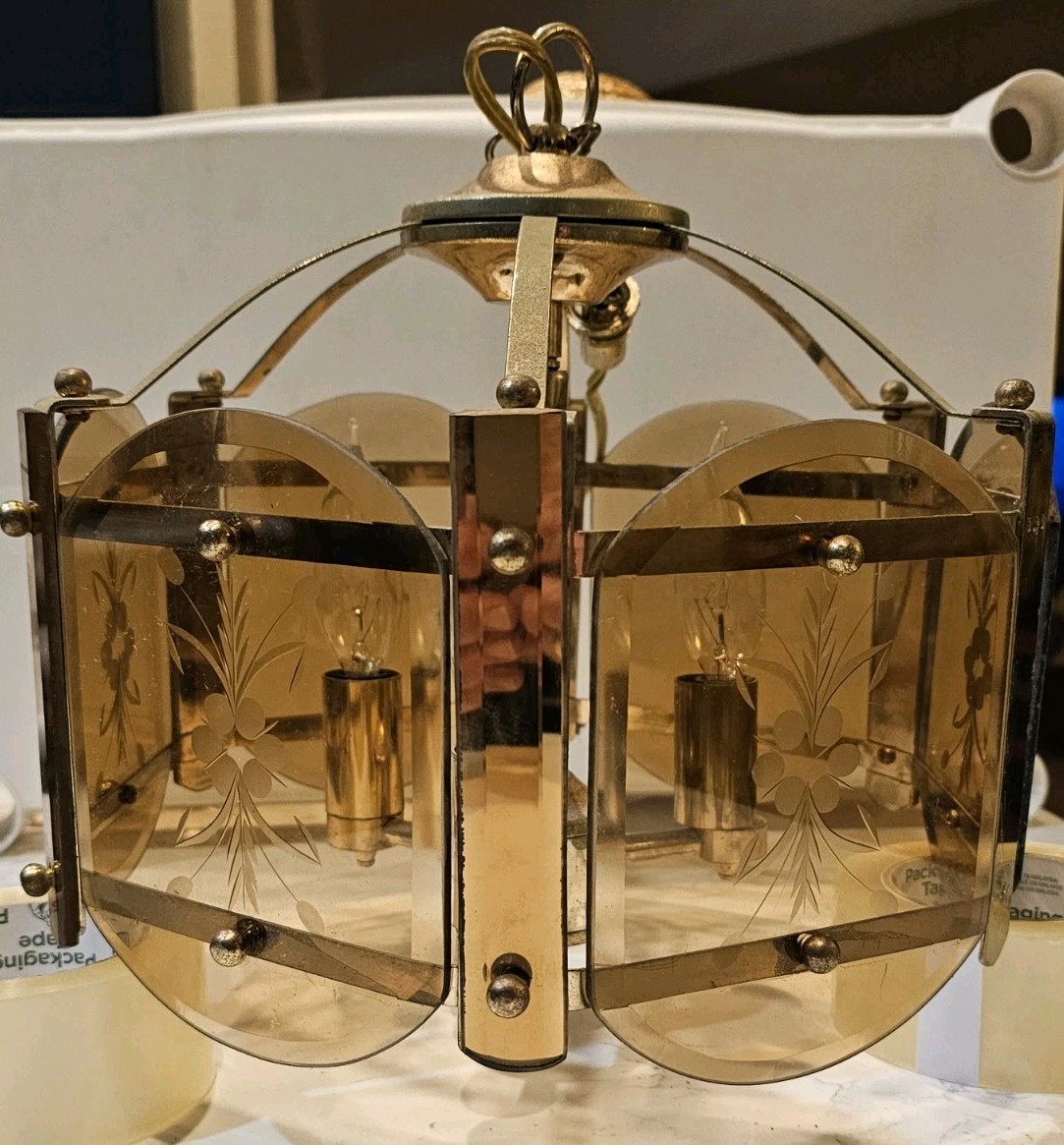 Vintage Beveled Smoked Glass 6 Panel Ceiling Fixture 3 Arms / 3 Lights - 12 x 12 Vintage Beveled Smoked Glass 6 Panel Ceiling Fixture 3 Arms / 3 Lights - 12 x 12
