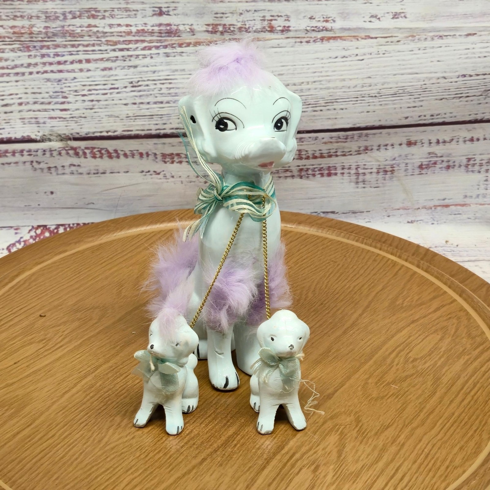Kitschy Vintage White Ceramic Poodle Family 1950s Retro Japan chain linked MCM