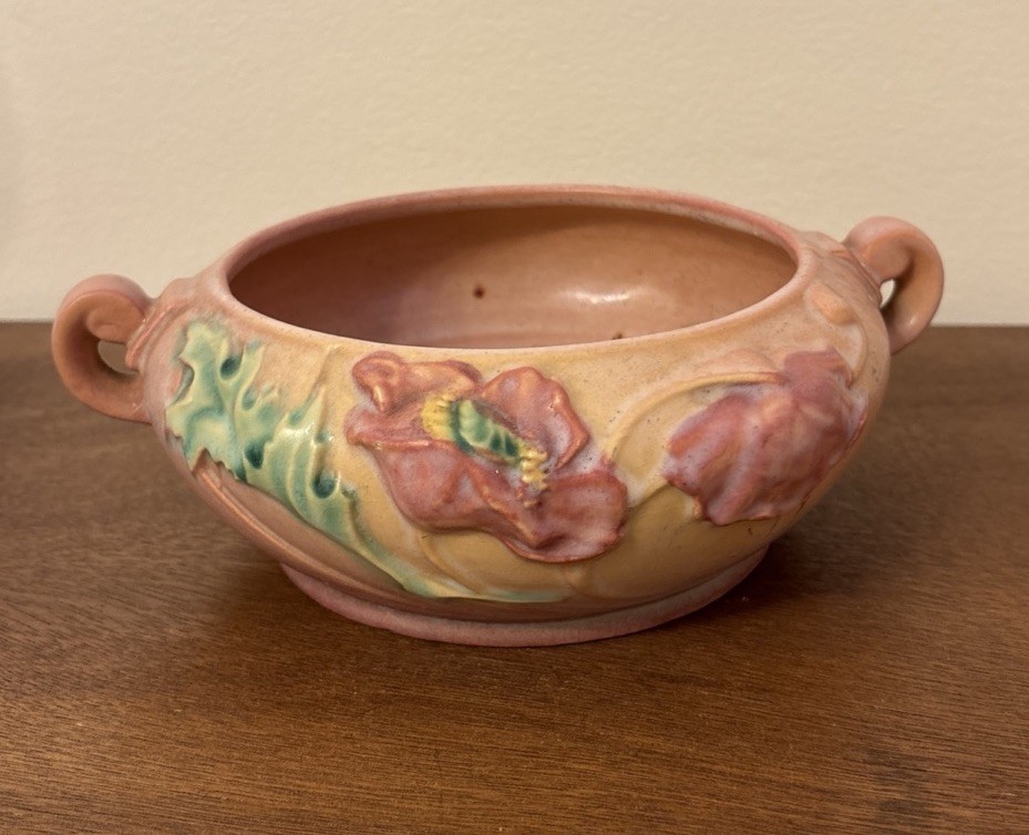 Vintage Roseville 336-5 Pink Poppy Handled Planter Bowl Vase