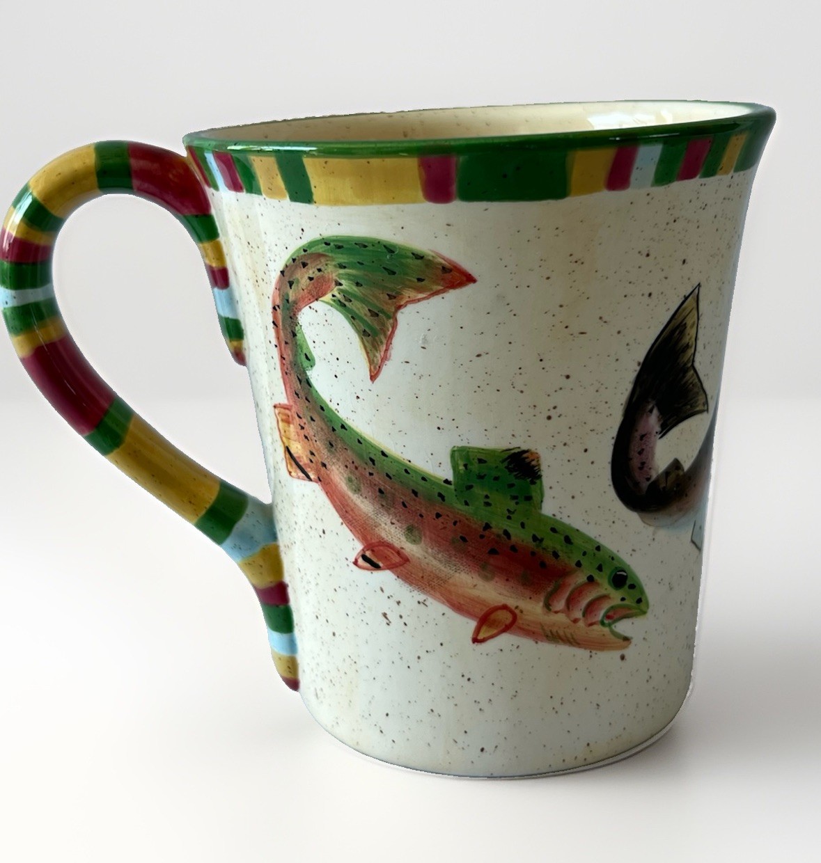 Alaska Salmon Hand Painted Large Ceramic Mug Rainbow Trout Fish Striped Handle