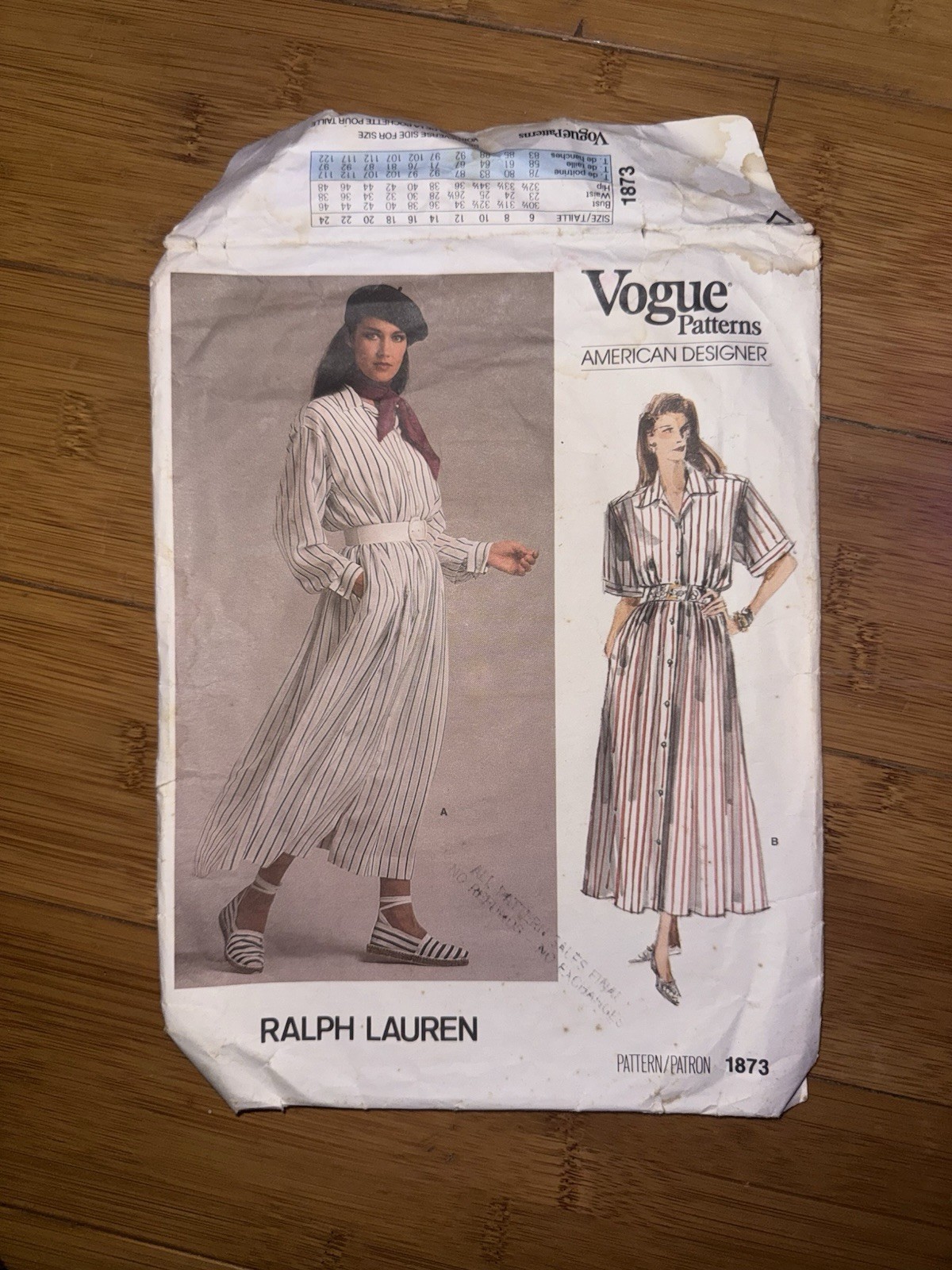 Vintage 1987 Vogue 1873 Ralph Lauren Dress Pattern Size 16 Cut