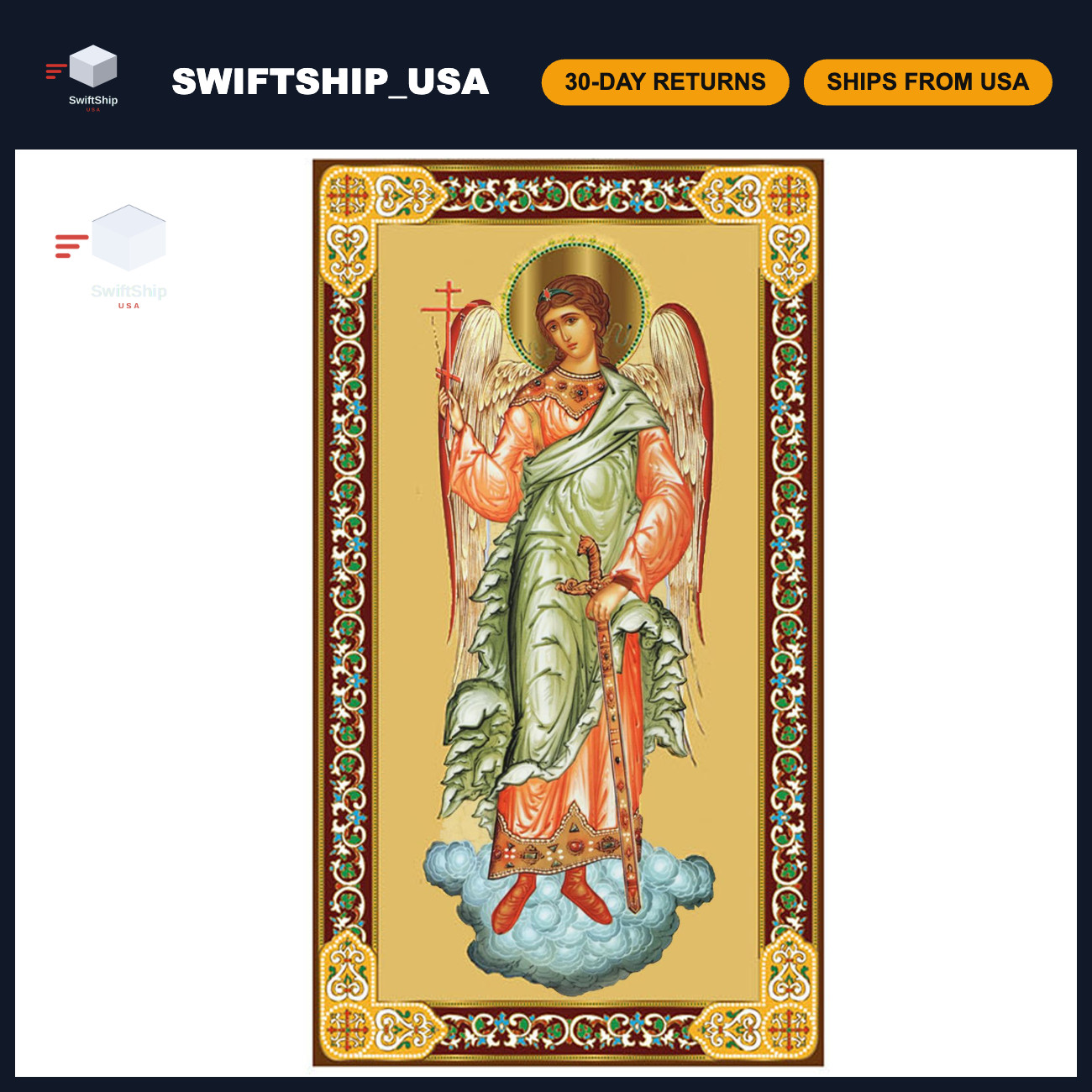 Guardian Angel Icon with Sword & Cross - Gold Foil Orthodox Catholic Decor, 4.75